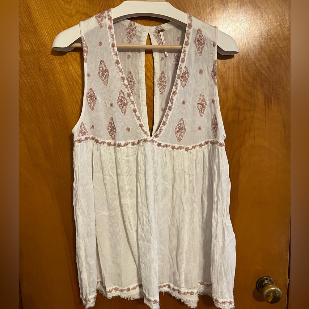 Free People Boho White Sleeveless Top with Pink Accents